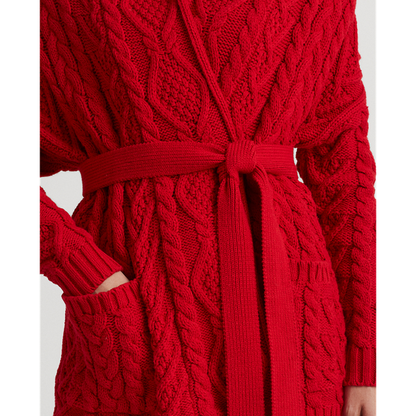 Lipstick Red Cable-Knit Cotton-Blend Cardigan Lauren 6