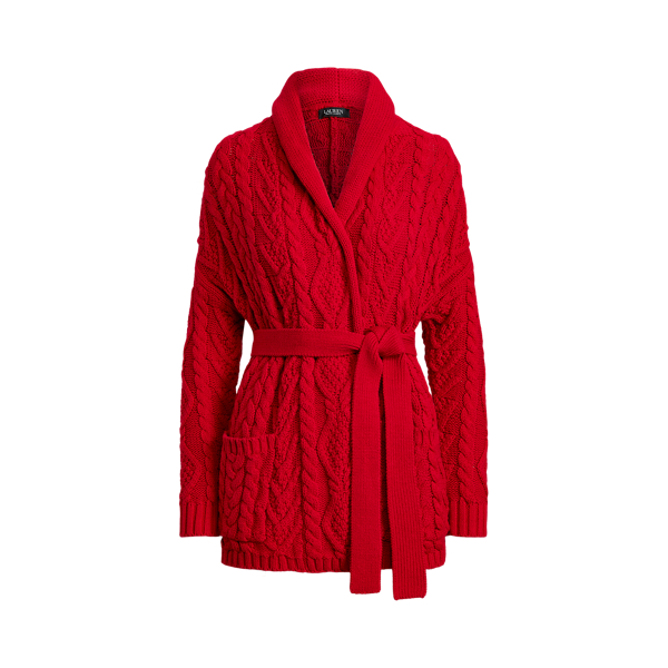 Lipstick Red Cable-Knit Cotton-Blend Cardigan Lauren 2