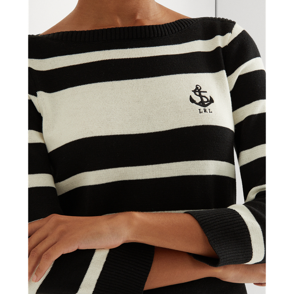 Polo Black/Pale Cream Striped Cotton Boatneck Sweater Lauren 6