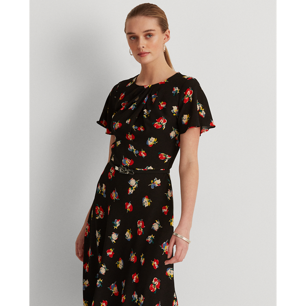 Vestido de crep&eacute; con flores Lauren en Negro/rojo/multicolor 4