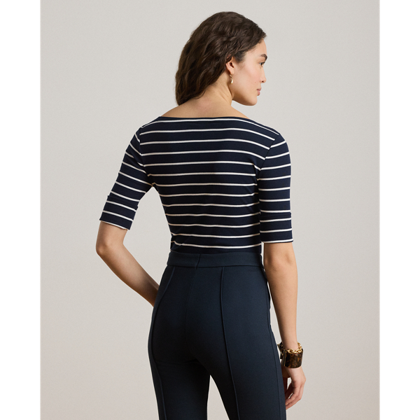 Maglietta a righe con scollo a barchetta Lauren Petite in Blu navy Lauren/Bianco 5
