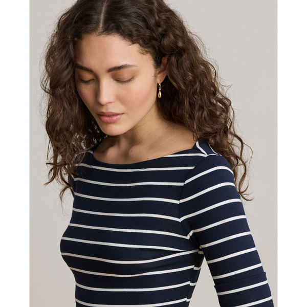 Maglietta a righe con scollo a barchetta Lauren Petite in Blu navy Lauren/Bianco 6
