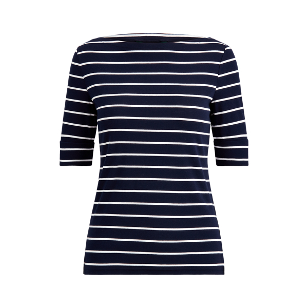 Maglietta a righe con scollo a barchetta Lauren Petite in Blu navy Lauren/Bianco 2