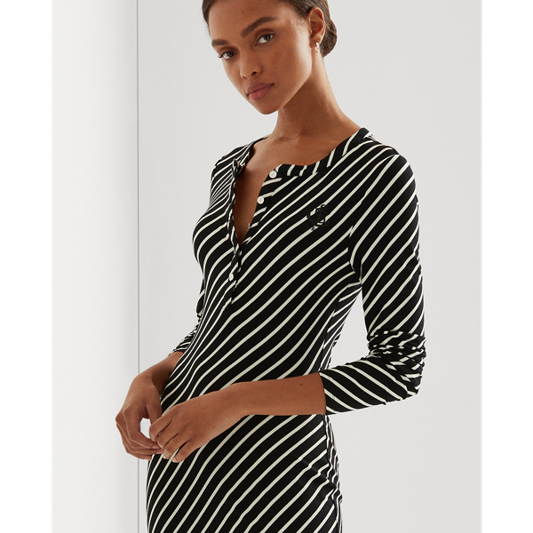Black/Cream Striped Henley Jersey Dress Lauren 4
