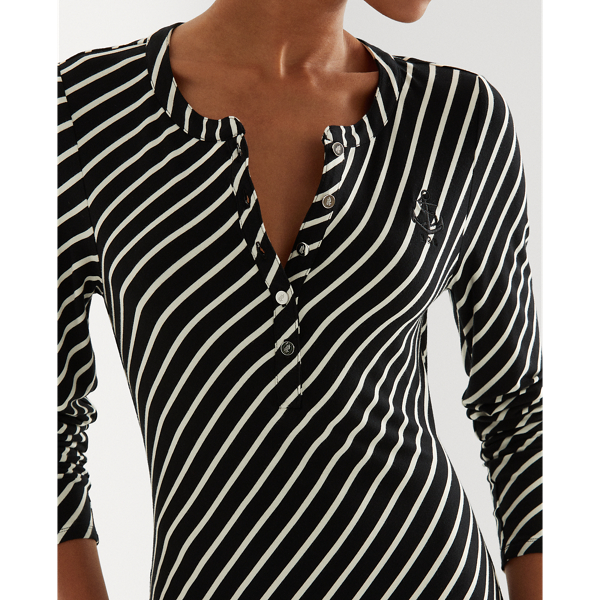 Black/Cream Striped Henley Jersey Dress Lauren 6