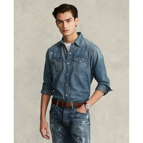 ★★POLO RALPH LAUREN★★ Distressed denim western shirt blu Distressed Denim Western Shirt