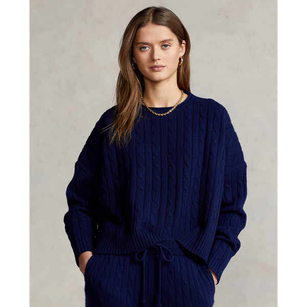 Bright Navy Cable-Knit Cropped Wool-Cashmere Sweater Polo Ralph Lauren 1
