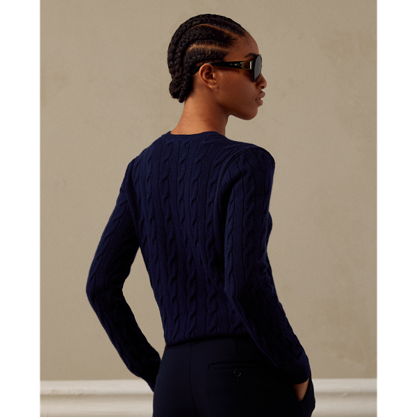 Lux Navy Cable-Knit Cashmere V-Neck Jumper Ralph Lauren Collection 5