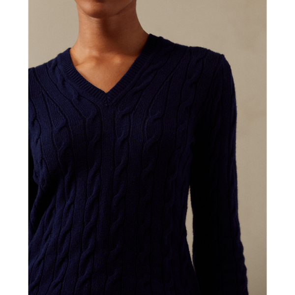 Lux Navy Cable-Knit Cashmere V-Neck Jumper Ralph Lauren Collection 6