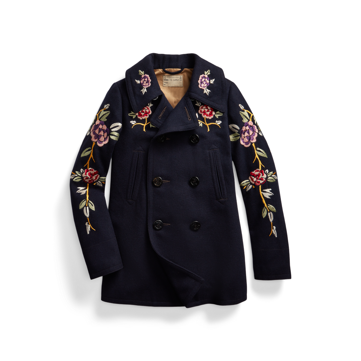 Floral Embroidered Wool Blend Peacoat