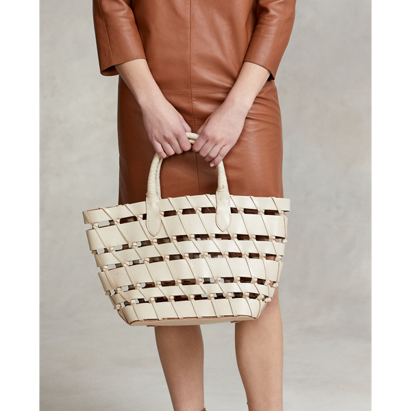 Cream Leather Large Open Basket-Weave Tote Polo Ralph Lauren 7