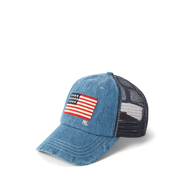 Polo Ralph Lauren Denim Trucker Hat USA Flag Americana Leather Strap discount Blue Navy