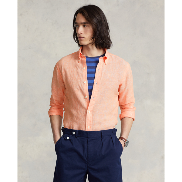 Light Orange/White Custom Fit Linen Chambray Shirt Polo Ralph Lauren 1