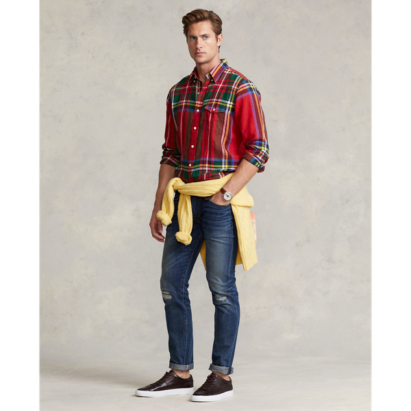 RED/BLUE MULTI Custom Fit Plaid Linen Shirt Polo Ralph Lauren 4
