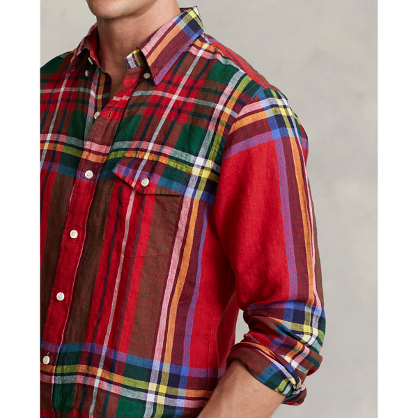 RED/BLUE MULTI Custom Fit Plaid Linen Shirt Polo Ralph Lauren 6
