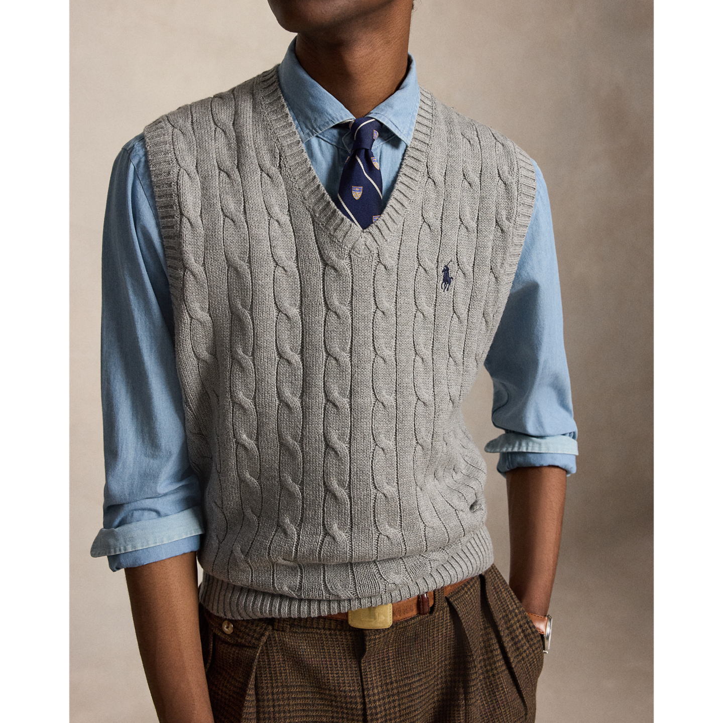 Мужской жилет Polo Ralph Lauren Cable-Knit Cotton Sweater Vest, цвет: Палевый серый меланжевый — фото 3