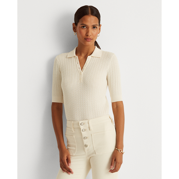 Mascarpone Cream Cable-Knit Polo Sweater Lauren 1