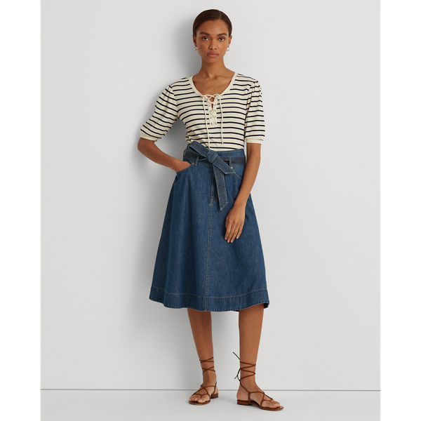Mascarpone Cream/Navy Striped Waffle-Knit Puff-Sleeve Top Lauren 4