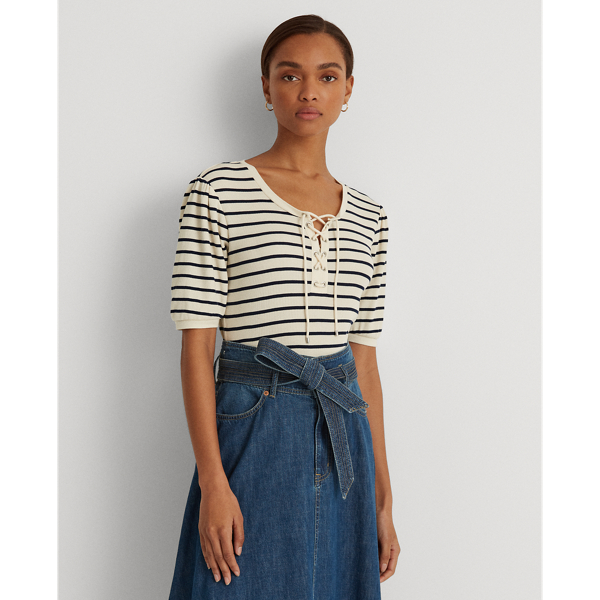 Mascarpone Cream/Navy Striped Waffle-Knit Puff-Sleeve Top Lauren 1