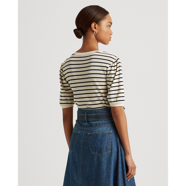 Mascarpone Cream/Navy Striped Waffle-Knit Puff-Sleeve Top Lauren 5