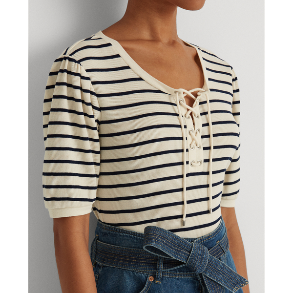 Mascarpone Cream/Navy Striped Waffle-Knit Puff-Sleeve Top Lauren 6