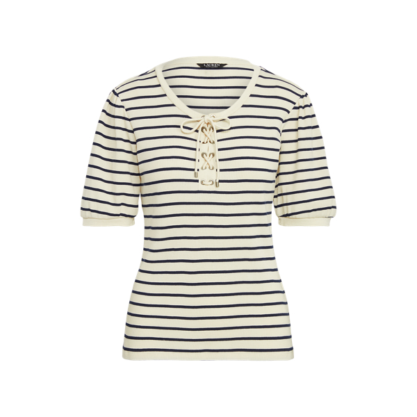 Mascarpone Cream/Navy Striped Waffle-Knit Puff-Sleeve Top Lauren 2