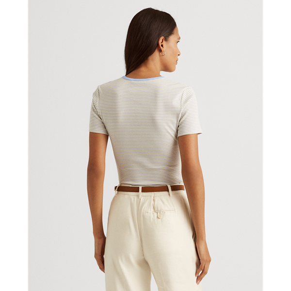 Cream/Blue Loch Striped Stretch Cotton Tee Lauren 5