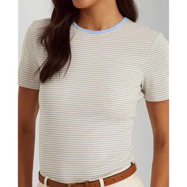 Cream/Blue Loch Striped Stretch Cotton Tee Lauren 6