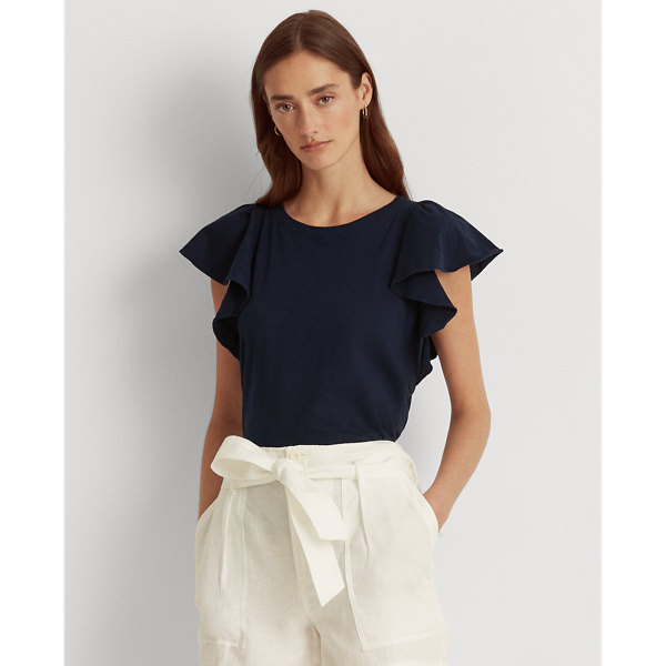 Refined Navy Ruffle-Sleeve Slub Jersey Tee Lauren 1