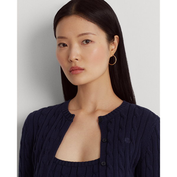 Refined Navy Cable-Knit Cotton Cardigan Sweater Lauren Petite 6