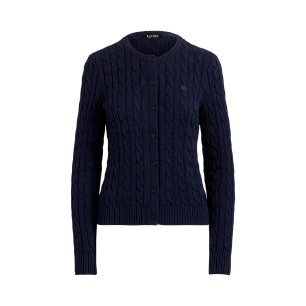 Refined Navy Cable-Knit Cotton Cardigan Sweater Lauren Petite 2