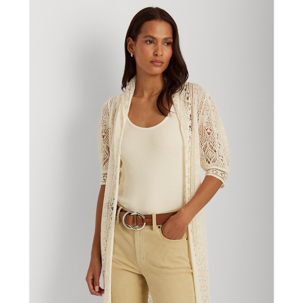 Mascarpone Cream Pointelle Linen Puff-Sleeve Cardigan Lauren 4