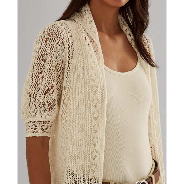Mascarpone Cream Pointelle Linen Puff-Sleeve Cardigan Lauren 6