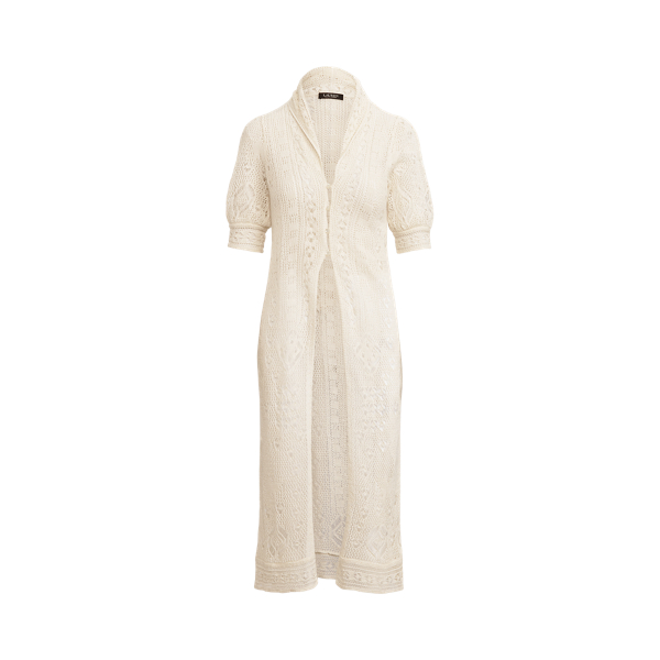 Mascarpone Cream Pointelle Linen Puff-Sleeve Cardigan Lauren 2