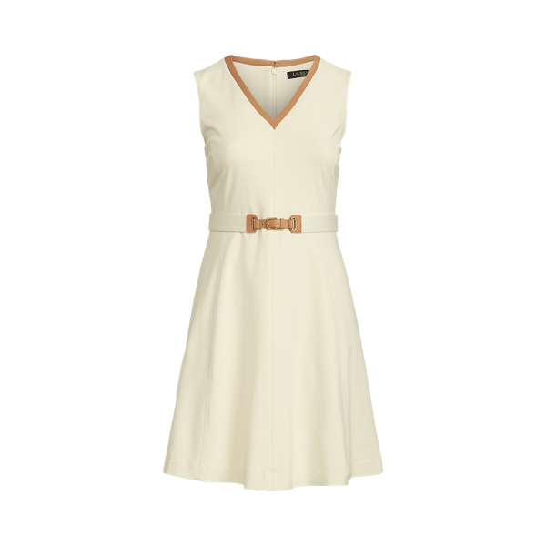 Faux-Leather-Trim Sleeveless Ponte Dress Lauren Woman 1