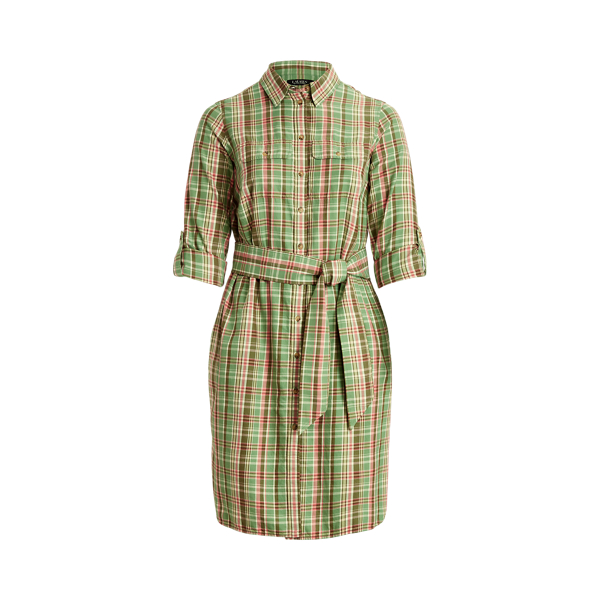 Plaid Cotton Belted Shirtdress Lauren Woman 1