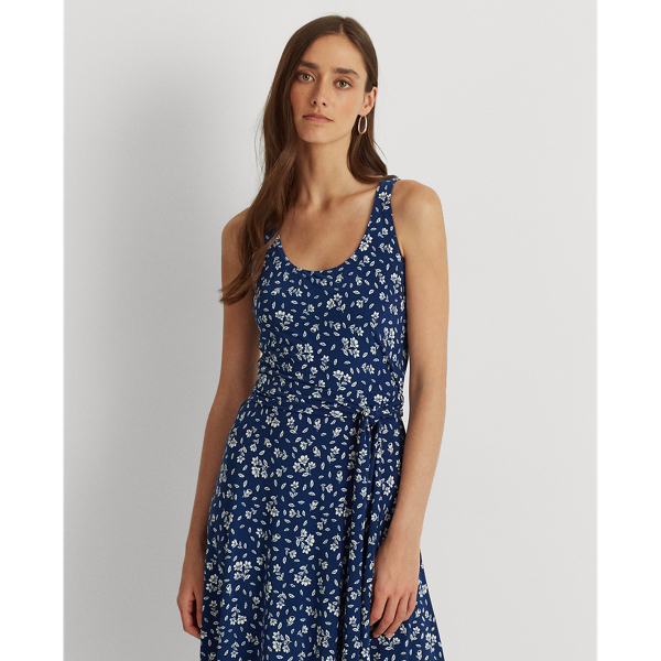 Blue/Cream Floral Belted Jersey Dress Lauren for summer 4