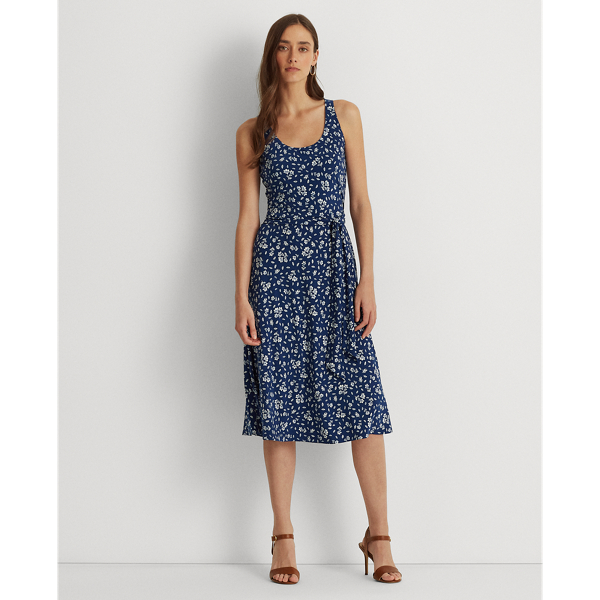 Blue/Cream Floral Belted Jersey Dress Lauren for summer 1