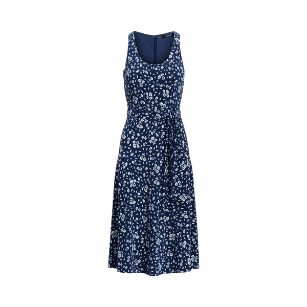 Blue/Cream Floral Belted Jersey Dress Lauren for summer 2