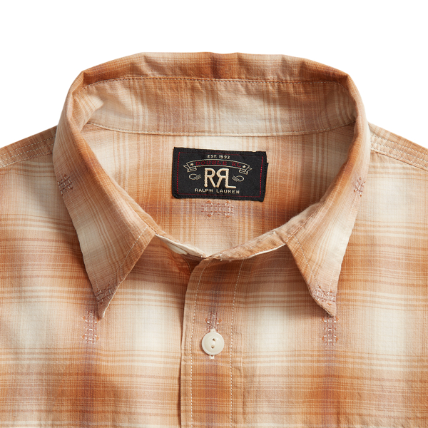 Camisa de trabalho em xadrez tecida RRL em RL-493 Tan/Cream 3