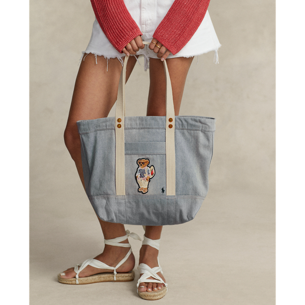 Polo Bear Medium Denim Tote for Women Ralph Lauren NO