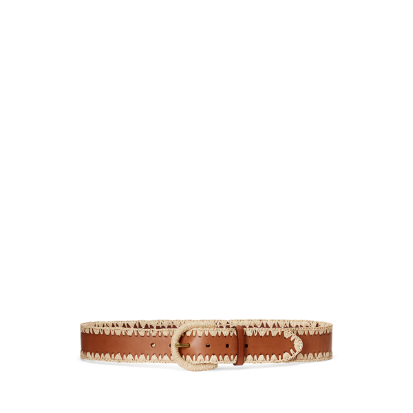 Raffia-Trim Calfskin Belt Polo Ralph Lauren 1