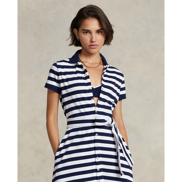 Robe polo mi-longue rayée coton stretch Polo Ralph Lauren en Rayures marine et blanc 4