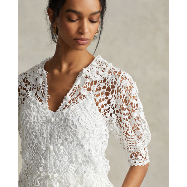 White Floral Cotton Lace Blouse Polo Ralph Lauren 5