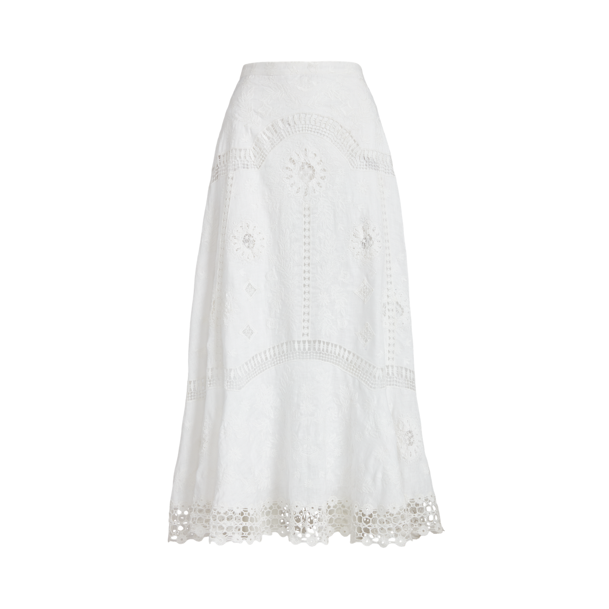 Inset Lace Linen A Line Midi Skirt
