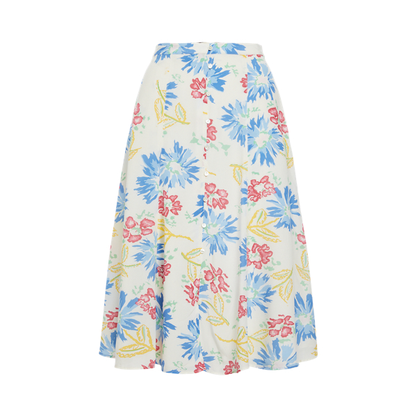 Jupe mi-longue fleurie boutonn&eacute;e cr&ecirc;pe Polo Ralph Lauren en 1