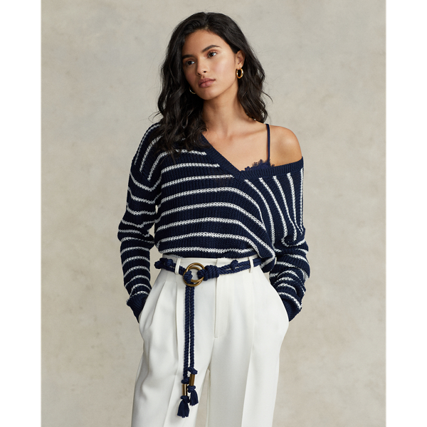 Hunter Navy/Bone Striped Linen V-Neck Sweater Polo Ralph Lauren 1