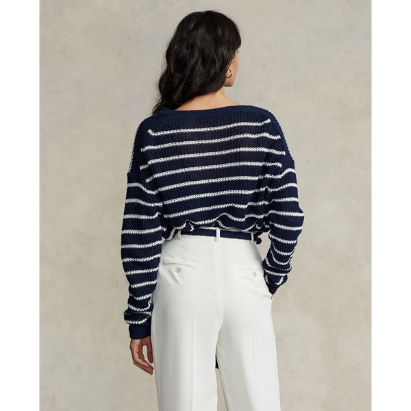 Hunter Navy/Bone Striped Linen V-Neck Sweater Polo Ralph Lauren 5