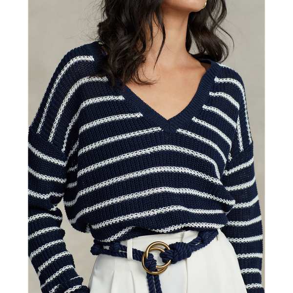 Hunter Navy/Bone Striped Linen V-Neck Sweater Polo Ralph Lauren 6