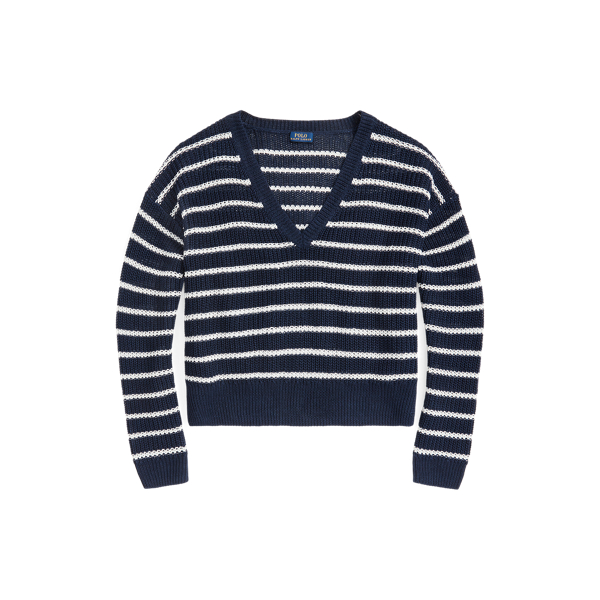 Hunter Navy/Bone Striped Linen V-Neck Sweater Polo Ralph Lauren 2